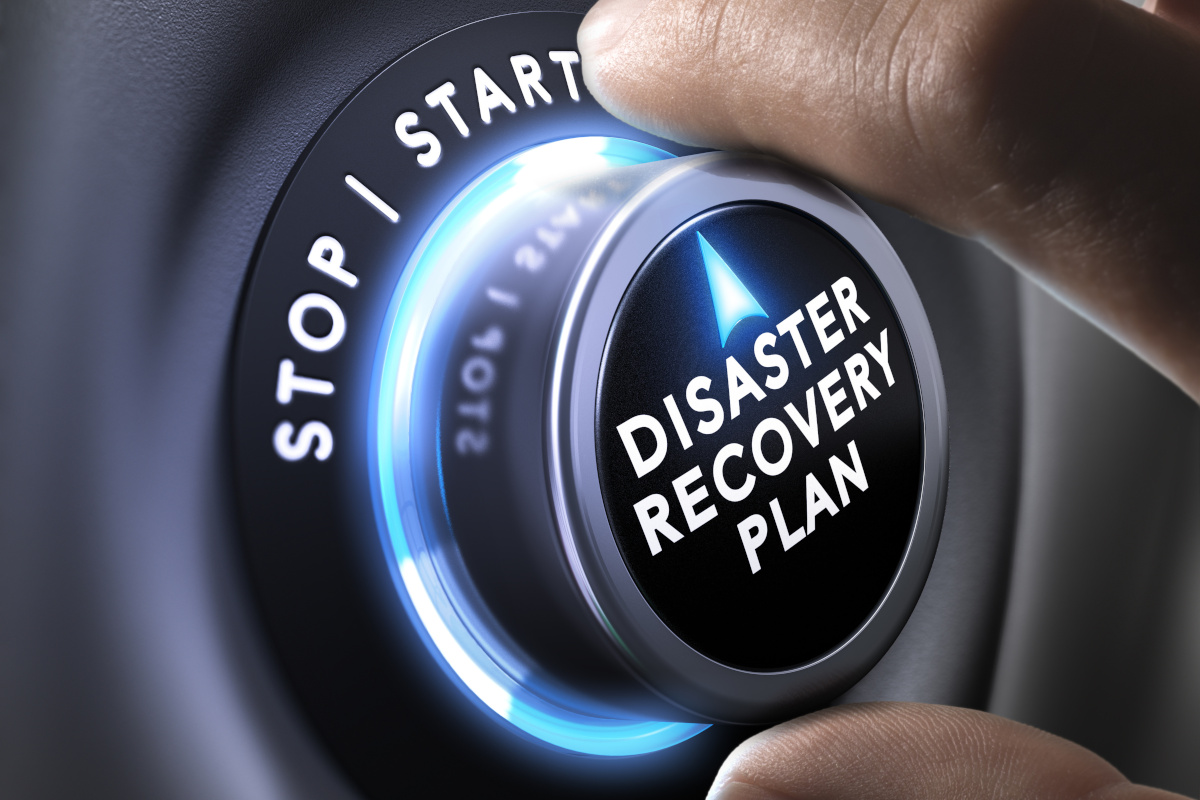A dial that reads disaster recovery plan being turned from stop to start