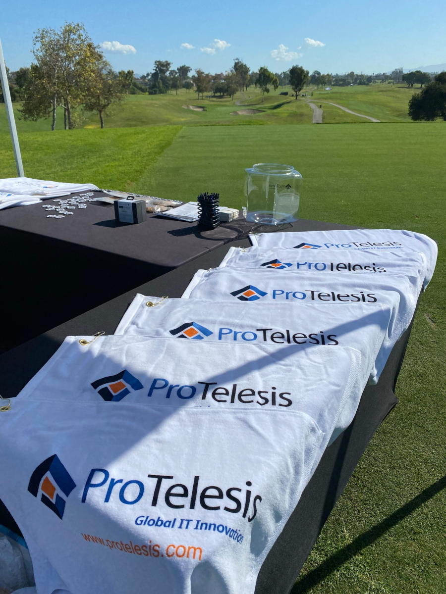 Close up of the ProTelesis logo towels handed out at the San Ysidro Health's 16th Annual Clasico de Golf tournament.