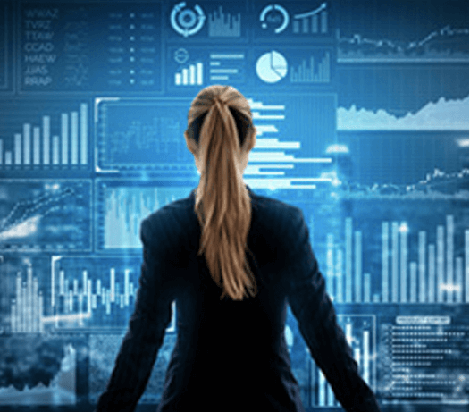 Woman Standing in Front of Wall with Virtual Analytics Data