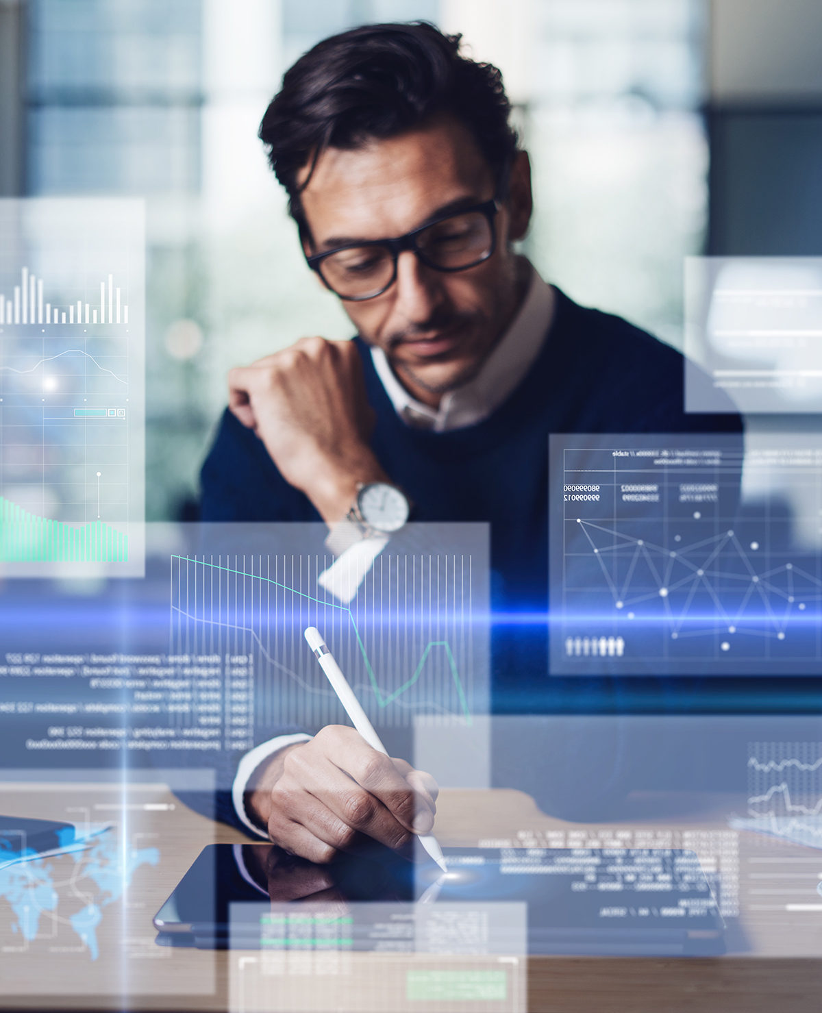 Businessman analysing the data on futuristic screen.