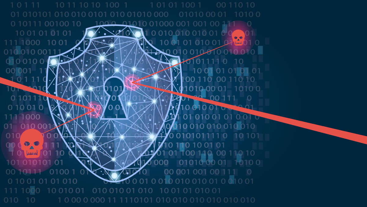 A blue shield blocking red skulls. Cyber security concept.