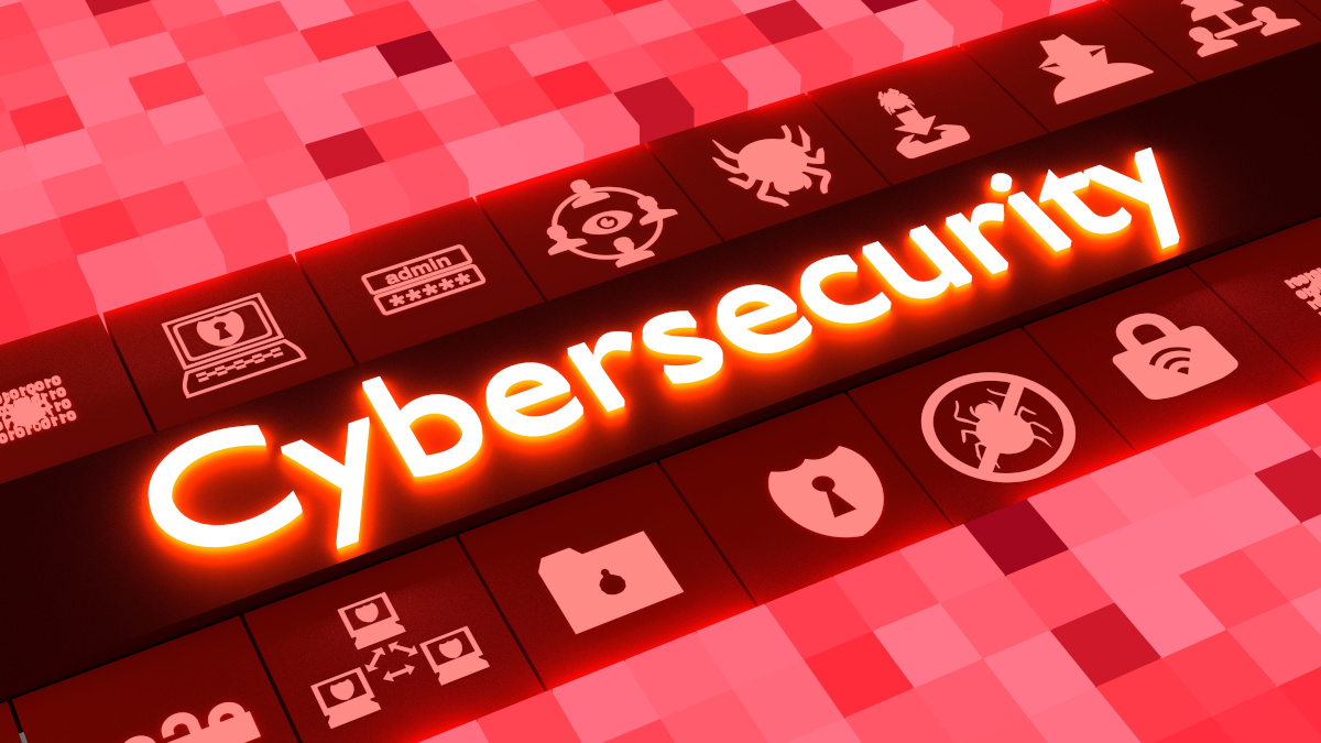 The words 'Cybersecurity' in bright red text with rows of icons relating to the concept above and below the words