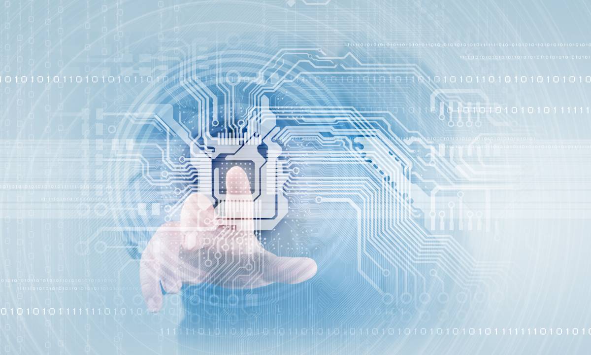 A man's finger touchinga digital representation of a circuit on a motherboard