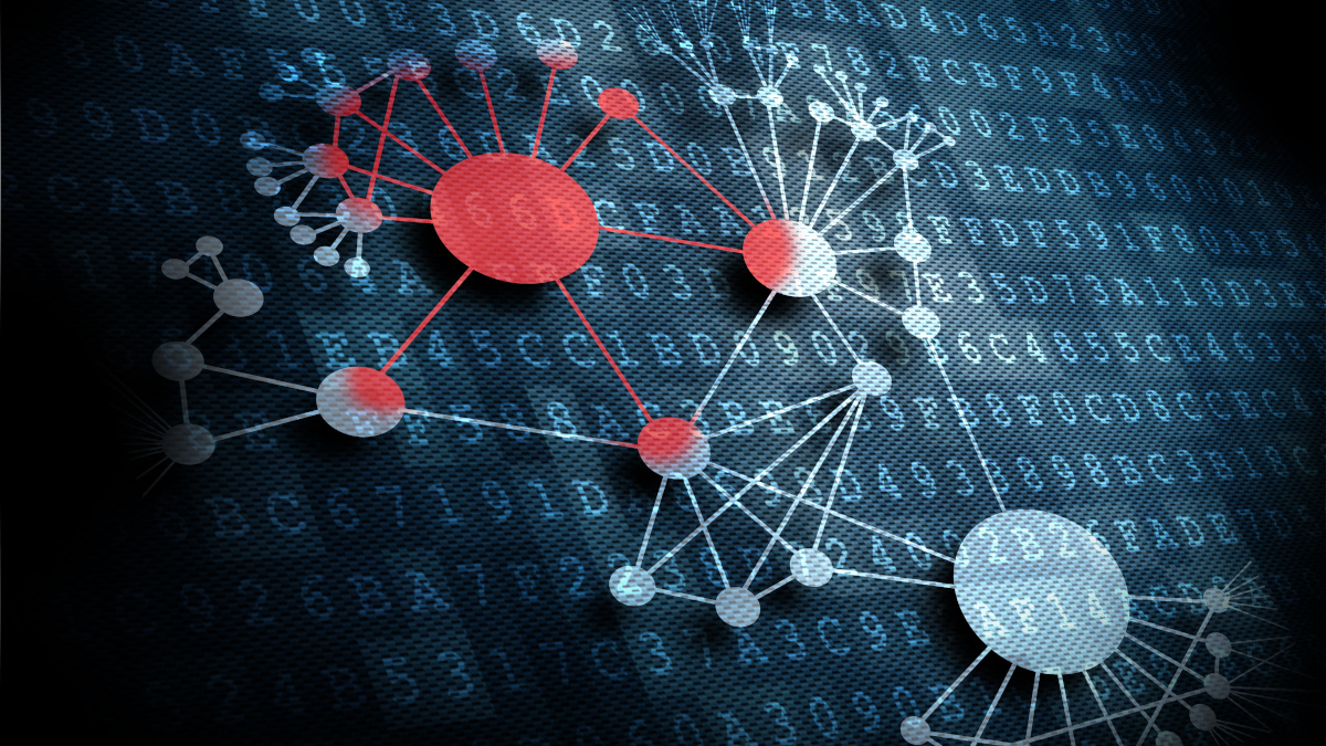 A graphical representation of a computer virus spreading through a computer network