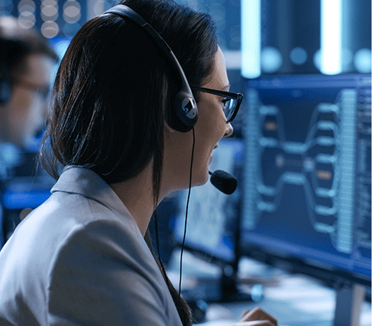 Smiling Businesswoman with Glasses Wearing Headset